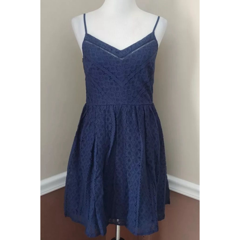 Navy Blue Lace Overlay Pleated Skirt Sundress ModCloth City Triangles Juniors 9